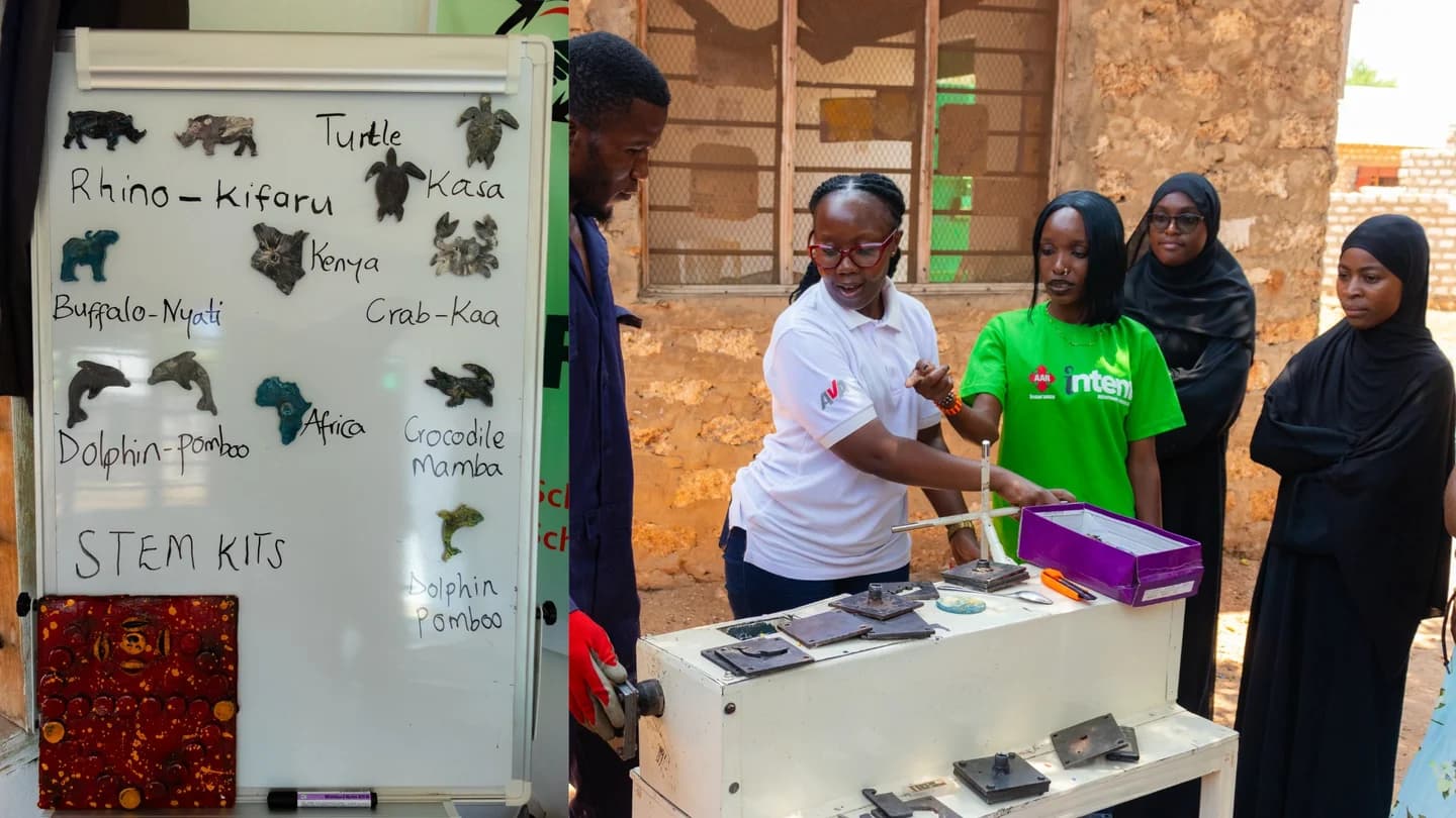 An outdoor demonstration beside a display of animal models and multilingual labels